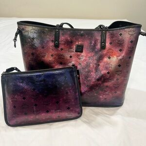RARE!! Authentic MCM Black/purple reversible Women's Tote and Pouch Setz